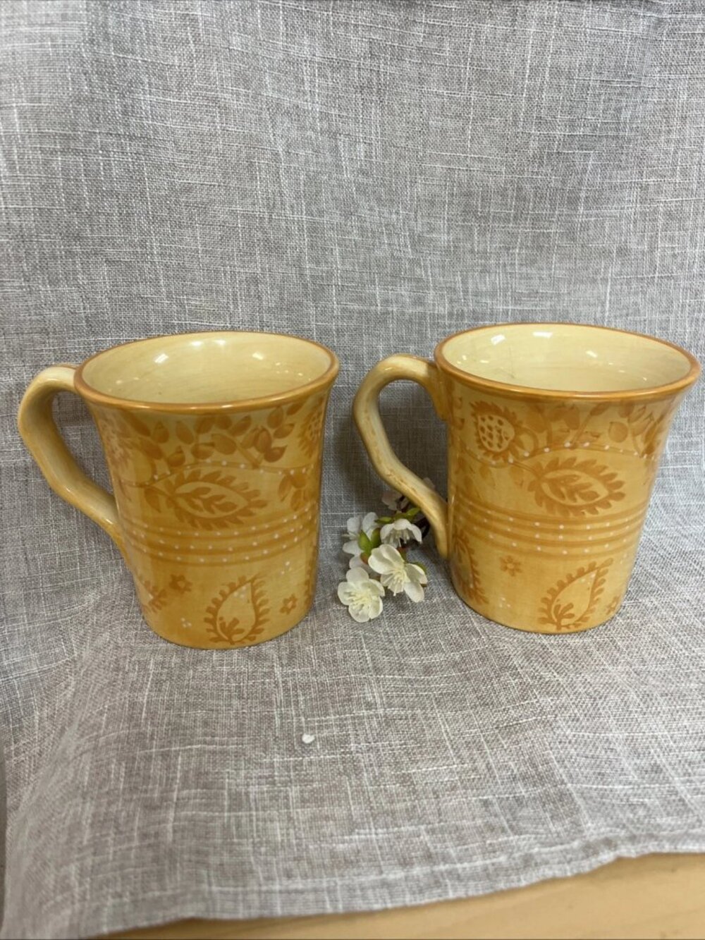 Set Of Two Yellow Coffee Mugs Jasmine Hand Painted Detailed